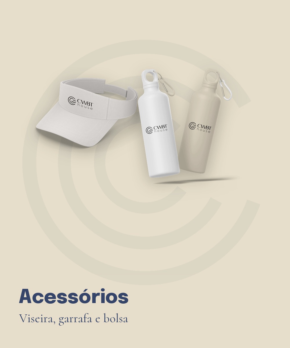 Acessórios CWBT House: viseira, garrafa e bolsa